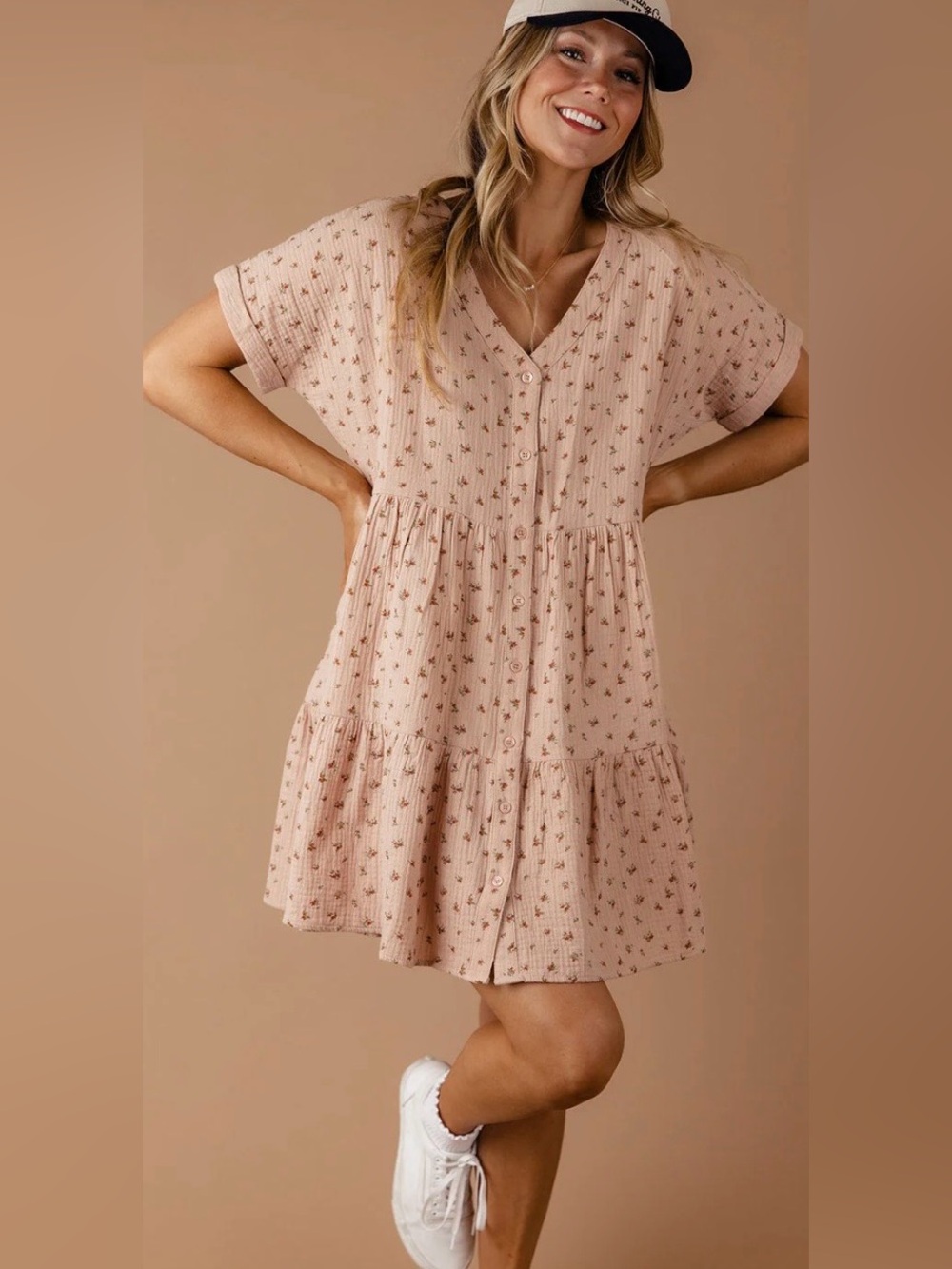 Button-Front Tiered Mini Dress in Blush Floral